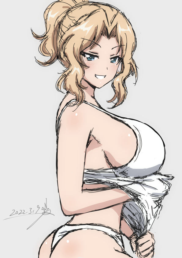 1girl ass bare_shoulders blonde_hair blue_eyes breasts bukkuri clothes_lift dated eyebrows_visible_through_hair forehead from_side girls_und_panzer grin hair_intakes kay_(girls_und_panzer) large_breasts long_hair looking_at_viewer panties shirt_lift sideboob simple_background sketch smile solo tank_top thong underwear upper_body wavy_hair white_panties