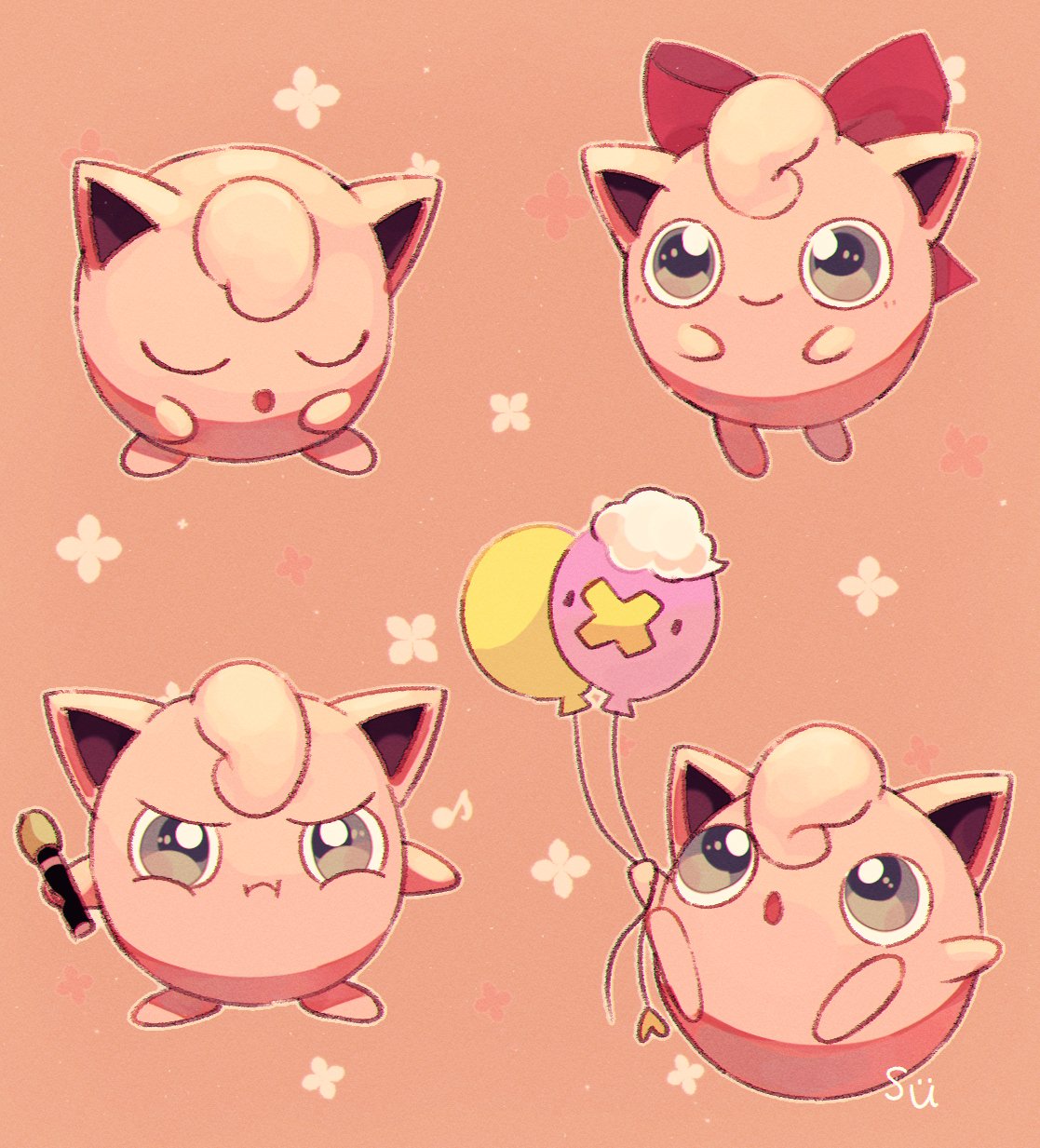 :i :o balloon closed_eyes closed_mouth commentary_request drifloon grey_eyes highres holding holding_balloon holding_microphone jigglypuff microphone no_humans pokemon pokemon_(creature) pout signature smile su_(sajo_su5) u_u