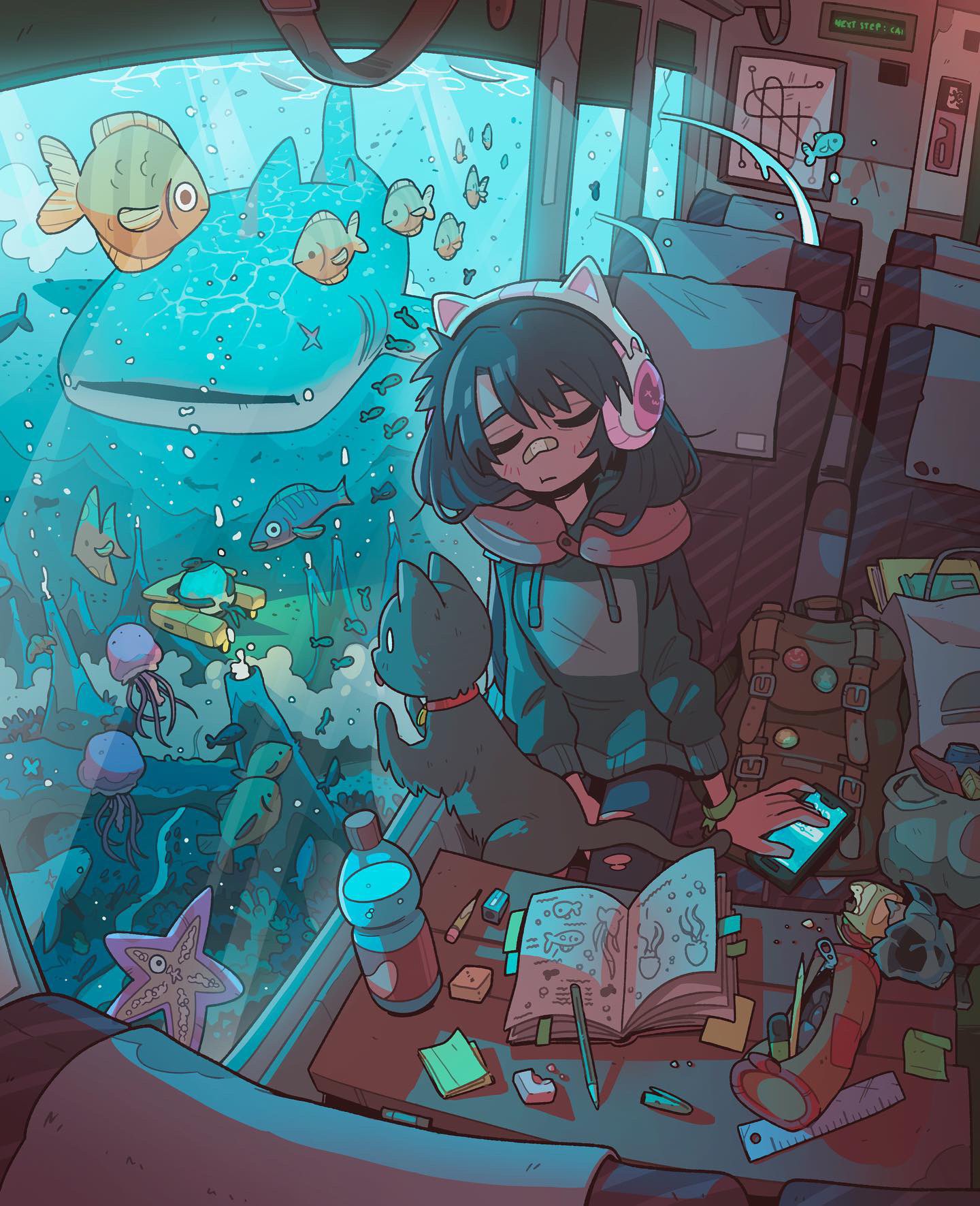 1girl :t animal animal_ear_headphones backpack bag bandaid bandaid_on_face bandaid_on_nose black_hair bottle bread bubble carles_dalmau cat cellphone closed_eyes drawstring fish food headphones highres hood hoodie jellyfish loaded_interior original pencil pencil_case phone shark sitting sleeping smartphone solo starfish sticky_note submarine symbol-only_commentary table torn_clothes torn_legwear vehicle_interior water watercraft whale_shark window