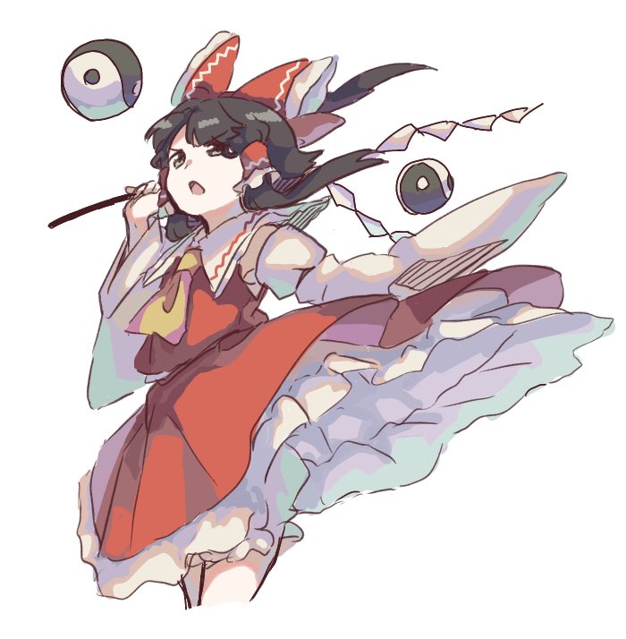 1girl armpits ascot black_hair bloomers bow detached_sleeves dress eyebrows_visible_through_hair fighting_stance frilled_bow frilled_dress frills gohei hair_bow hair_tubes hakurei_reimu long_sleeves matsukuzu orb red_bow red_shirt scowl shirt short_hair sidelocks simple_background skirt sleeveless solo touhou underwear white_background wide_sleeves yellow_ascot yin_yang yin_yang_orb