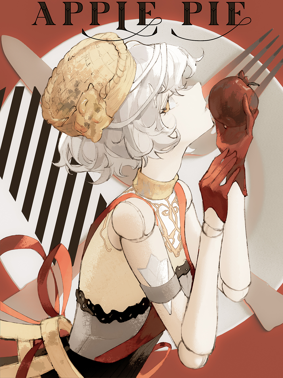 1girl apple apple_pie butter_knife commentary_request commission doll_joints dress food fork fruit highres joints knife lace lace_trim looking_at_viewer original orniflop pie red_apple red_ribbon revision ribbon short_hair solo upper_body white_hair yellow_eyes