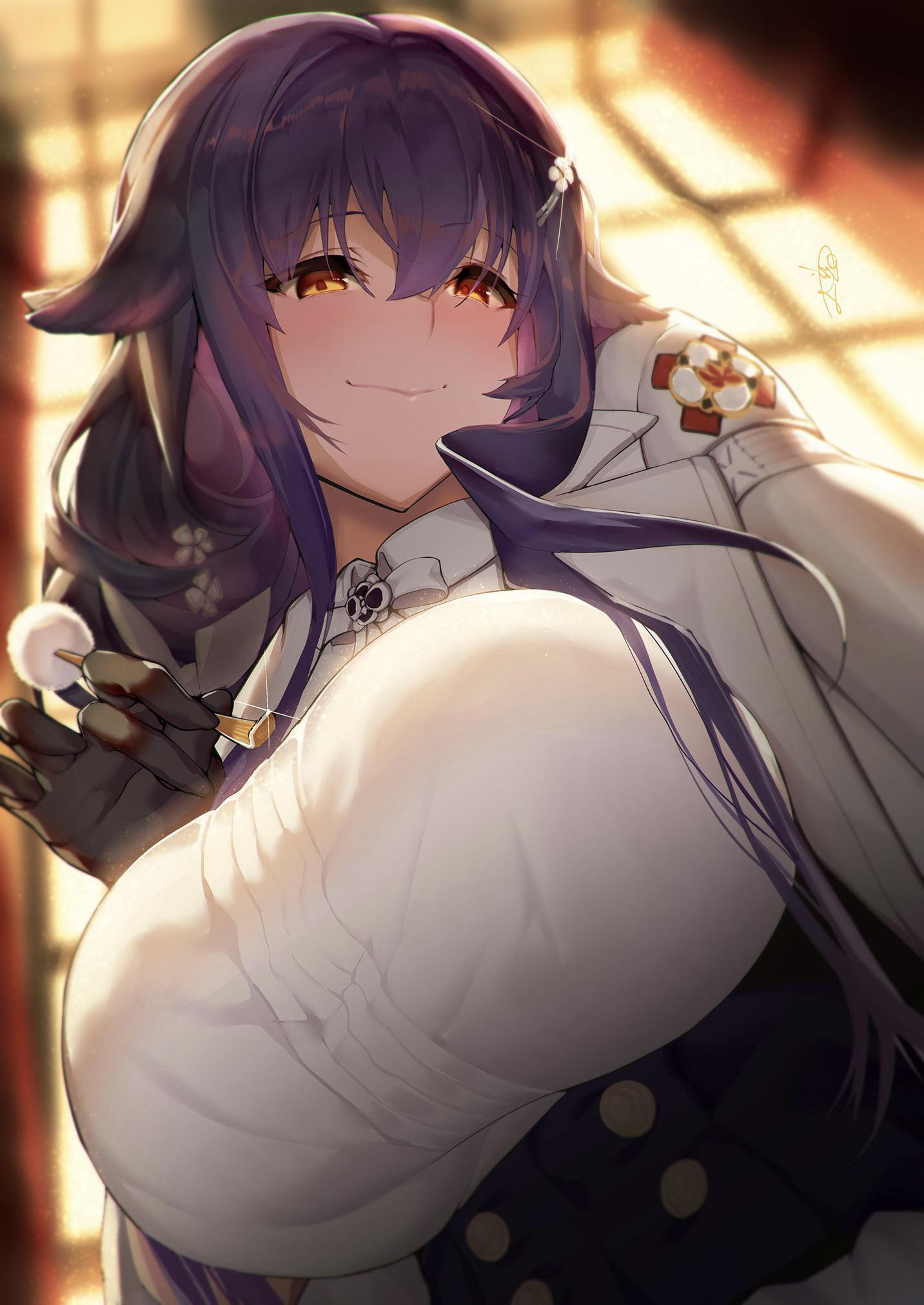 1girl azuma_(azur_lane) azur_lane backlighting bangs blurry blurry_background blush breasts buttons closed_mouth corset eyebrows_visible_through_hair from_below glint hair_between_eyes highres holding holding_stick huge_breasts indoors light long_hair looking_at_viewer mimikaki orange_eyes purple_hair satou_daiji smile solo stick upper_body very_long_hair window