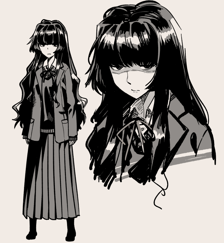 &gt;:( 1girl blazer covered_eyes frown glaring greyscale grimace hair_over_eyes hunched_over jacket jimiko long_hair looking_at_viewer mojo monochrome nerdy_girl's_story pleated_skirt ribbon scowl shirt_tucked_in skirt solo tented_shirt tsuchiya_shizuku unkempt urin v-shaped_eyebrows