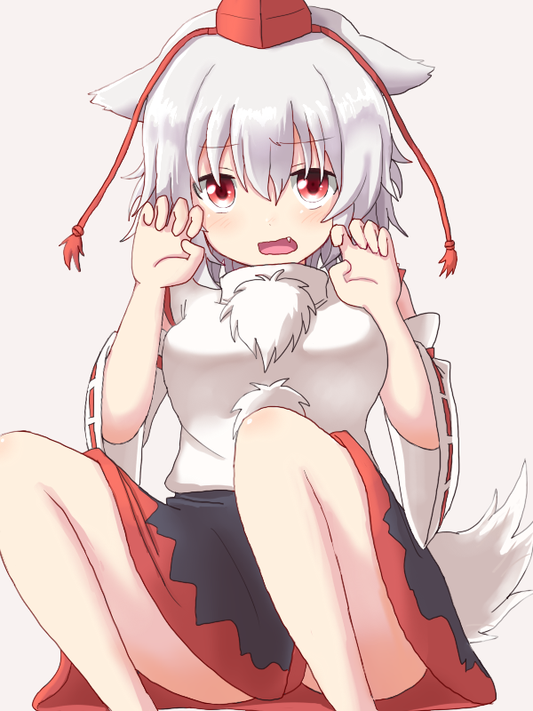 1girl animal_ears bare_shoulders black_skirt claw_pose dadamori detached_sleeves fang foot_out_of_frame grey_background grey_hair hat inubashiri_momiji multicolored_clothes multicolored_skirt open_mouth pom_pom_(clothes) red_eyes red_headwear red_skirt ribbon-trimmed_sleeves ribbon_trim shirt simple_background skirt sleeveless sleeveless_shirt tail tassel tokin_hat touhou turtleneck white_shirt wolf_ears wolf_girl wolf_tail
