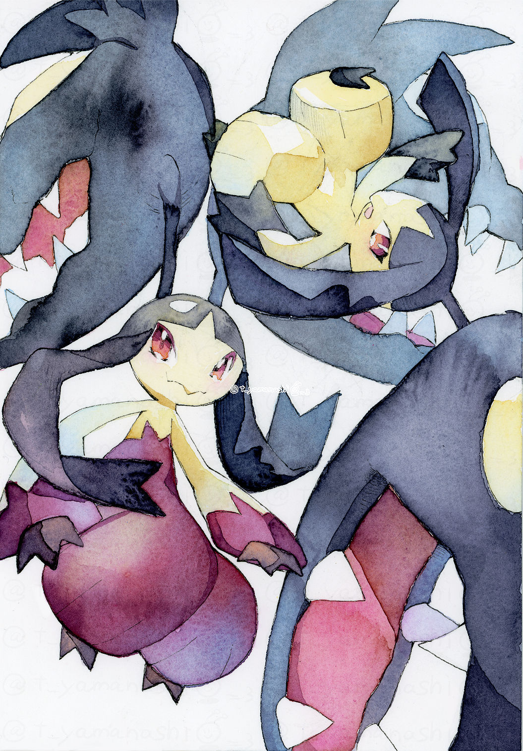 closed_mouth commentary_request highres looking_at_viewer mawile mega_mawile mega_pokemon no_humans open_mouth pokemon pokemon_(creature) red_eyes simple_background smile white_background yamanashi_taiki