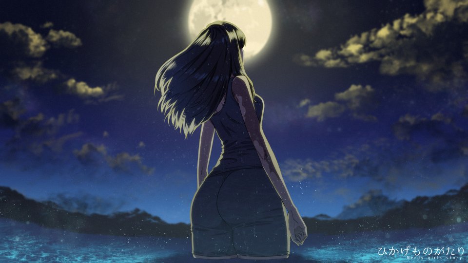 1girl amamiya_yumi ass black_hair burn_scar clouds facing_away from_behind from_below full_moon medium_hair moon moonlight nerdy_girl's_story night night_sky one-piece_swimsuit outdoors partially_submerged scar sky solo standing swimsuit urin wading water