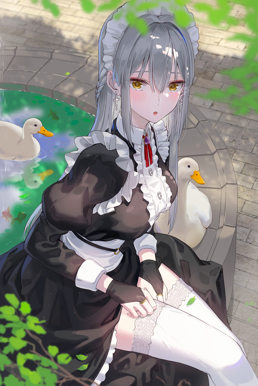1girl bird blush breasts duck frilled_hairband frills hairband hand_on_own_leg hand_on_own_thigh highres kfr kneehighs large_breasts long_hair looking_at_viewer maid maid_headdress open_mouth original silver_hair sitting solo thigh-highs white_hairband white_legwear yellow_eyes