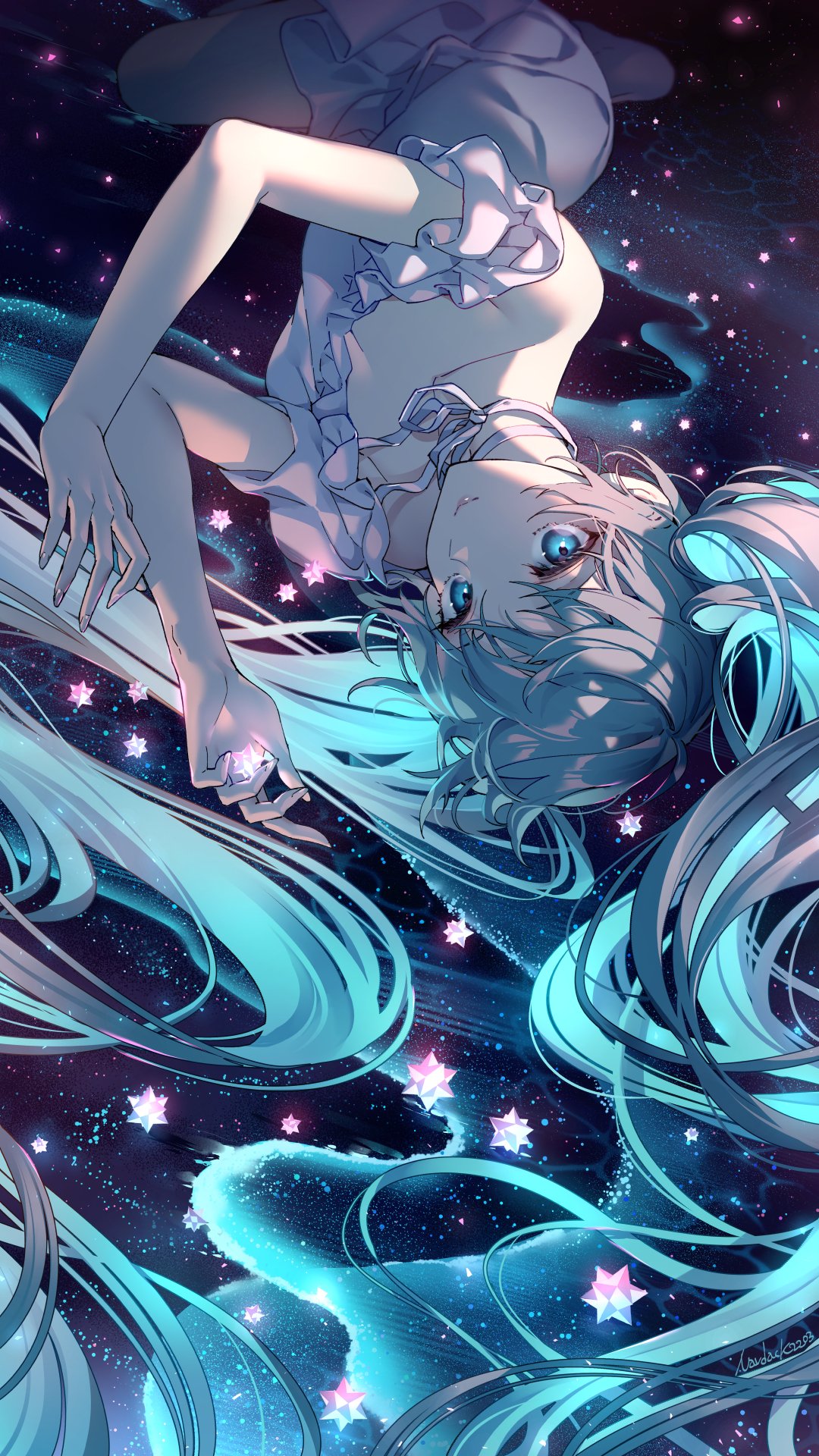 1girl 39 blue_eyes breasts closed_mouth commentary dated dress eyelashes foot_out_of_frame frilled_dress frills hatsune_miku highres light_blue_hair lips long_hair looking_at_viewer lying medium_breasts nardack neck_ribbon off-shoulder_dress off_shoulder on_side ribbon signature sky smile solo star_(sky) starry_background starry_sky twintails upside-down very_long_hair vocaloid white_dress white_ribbon