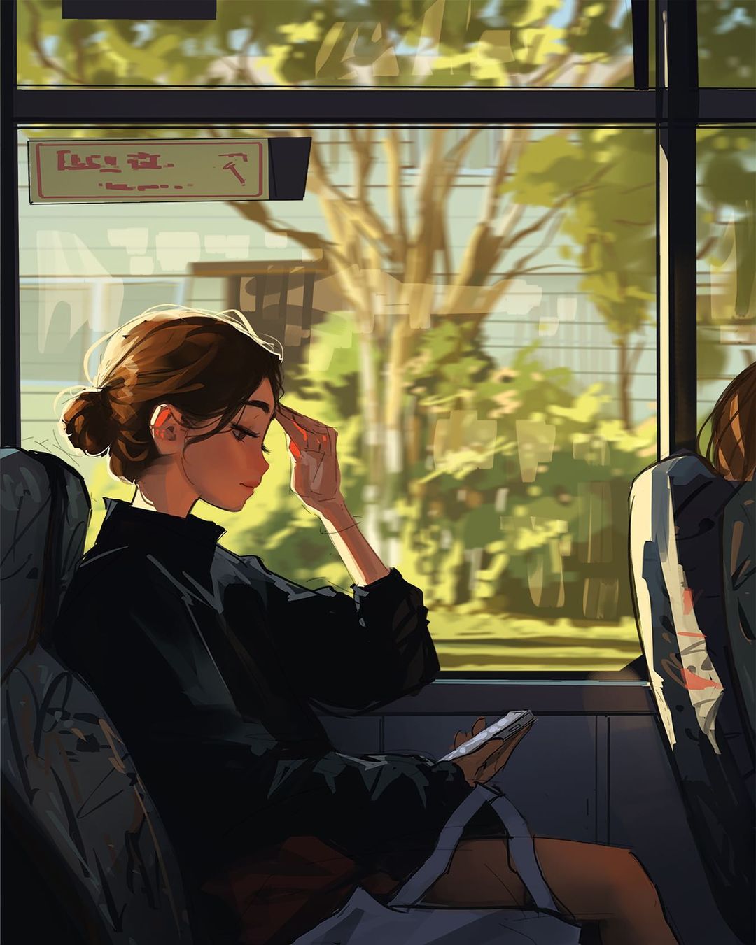 1girl blurry blurry_background bus day ground_vehicle hand_up highres holding holding_phone indoors lips long_sleeves looking_at_phone looking_down motor_vehicle phone profile sam_yang sitting tree window
