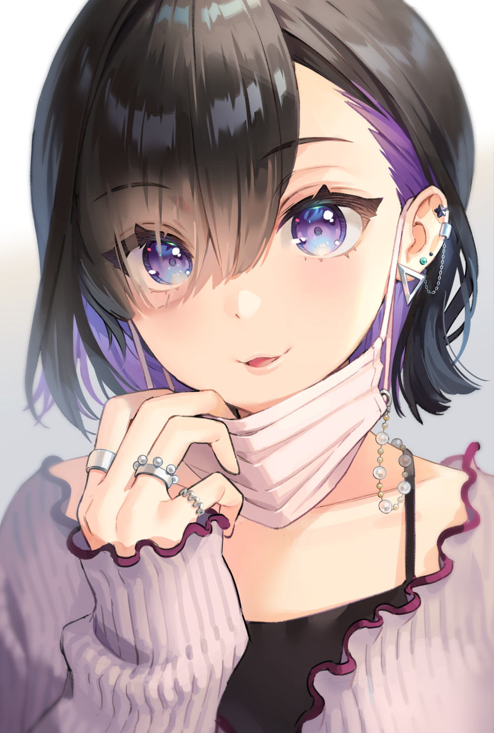 1girl ancotaku asymmetrical_bangs bangs black_hair black_tank_top bob_cut colored_inner_hair ear_piercing earrings eyebrows_visible_through_hair eyelashes eyes_visible_through_hair hair_between_eyes hand_up highres jewelry long_bangs looking_at_viewer mask mask_pull multicolored_hair multiple_rings open_mouth original piercing pink_mask purple_hair purple_sweater ring short_hair simple_background smile solo spaghetti_strap sweater tank_top upper_body violet_eyes