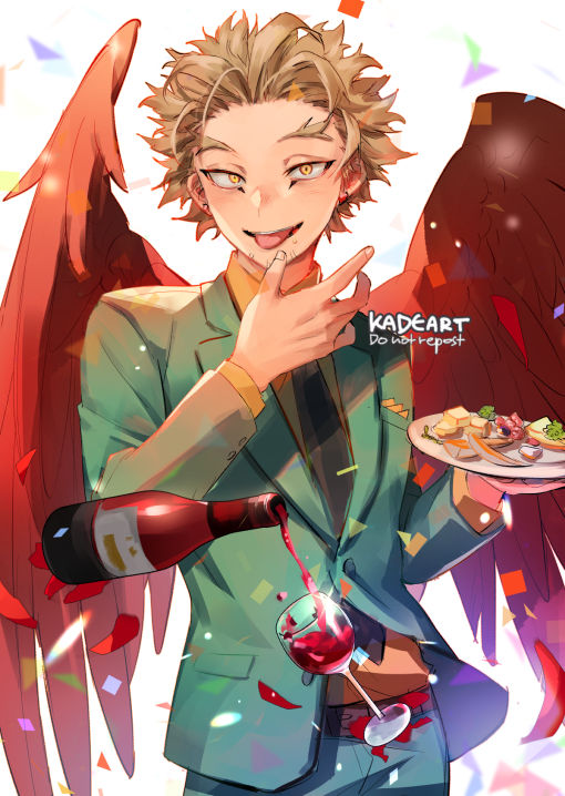 1boy alcohol backlighting blonde_hair boku_no_hero_academia bottle chromatic_aberration collared_shirt confetti cowboy_shot cup drinking_glass ear_piercing earrings facial_hair facial_mark feathered_wings flirting floating floating_object food food_on_face formal goatee hawks_(boku_no_hero_academia) holding holding_food holding_plate jewelry kadeart licking licking_finger light_blush light_particles looking_at_viewer male_focus necktie piercing plate pocket_square red_feathers red_wings shirt short_hair simple_background solo stubble stud_earrings suit tongue tongue_out twitter_username white_background wine wine_bottle wine_glass wings yellow_eyes