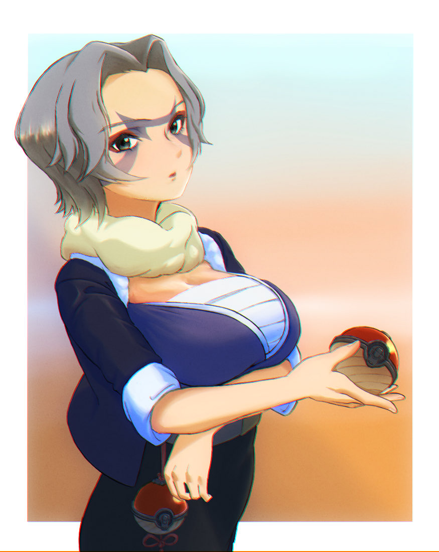 1girl bandage bandaged_chest blue_coat blurry_background breasts charm_(pokemon) closed_mouth facepaint framed green_eyes grey_hair holding_poke_ball looking_at_viewer outside_border poke_ball poke_ball_(legends) pokemon pokemon_(game) pokemon_legends:_arceus short_hair solo u_fl00r
