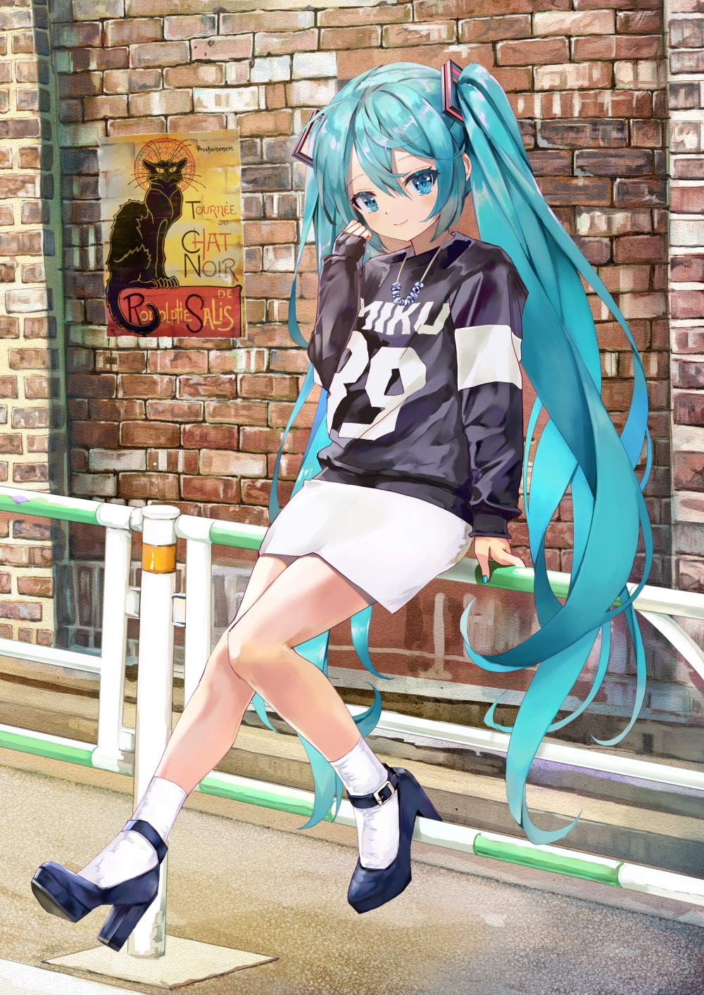 1girl 39 alternate_costume bangs black_footwear black_shirt blue_eyes blue_hair blue_nails brick_wall closed_mouth clothes_writing fence french_text full_body hatsune_miku high_heels highres jewelry long_hair long_sleeves looking_at_viewer necklace poster_(object) shirt sitting skirt smile solo takepon1123 twintails very_long_hair vocaloid white_legwear white_skirt