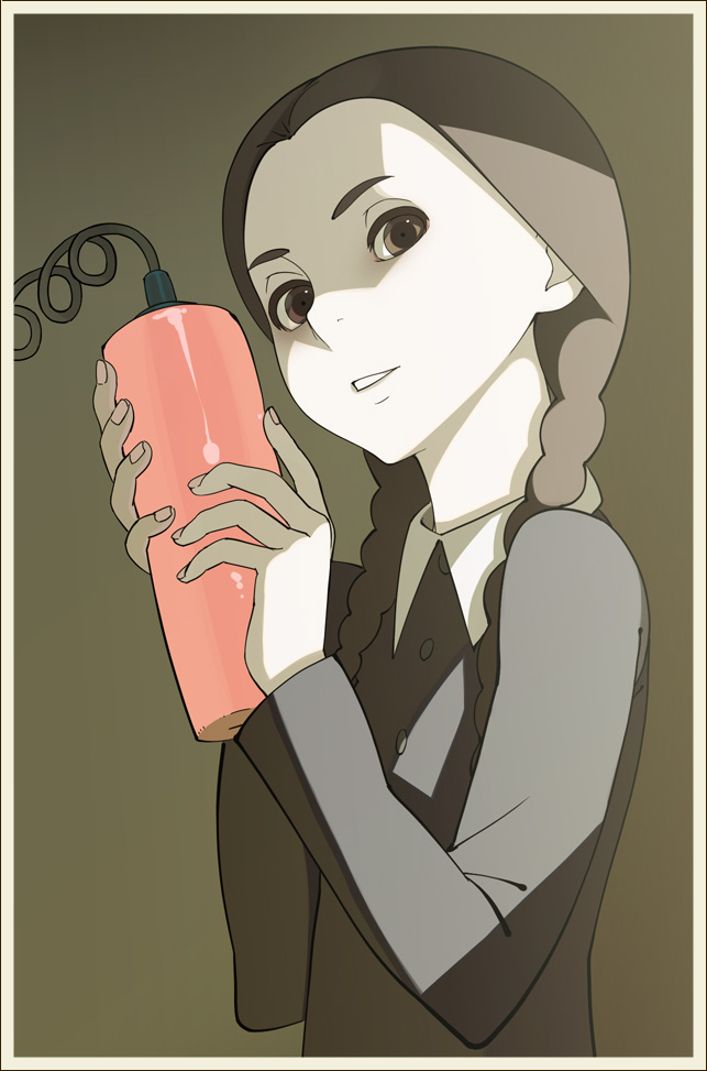 1girl addams_family animification black_hair braid brown_eyes buttons dress fingernails go_robots long_hair looking_at_viewer pale_skin simple_background solo twin_braids wednesday_addams