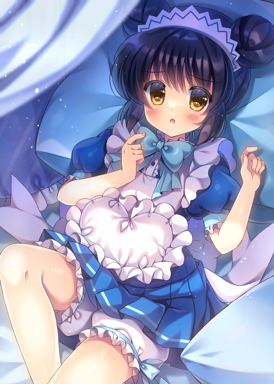 1girl :o aizawa_mint apron bangs bed_sheet black_hair bloomers blue_bow blue_dress blush bow brown_eyes commentary_request curtains double_bun dress eyebrows_visible_through_hair feet_out_of_frame frilled_apron frilled_pillow frills hair_between_eyes hands_up highres knee_up kouta. looking_at_viewer lying maid maid_apron on_back parted_lips pillow pleated_dress puffy_short_sleeves puffy_sleeves short_sleeves sidelocks solo tokyo_mew_mew underwear white_apron white_bloomers