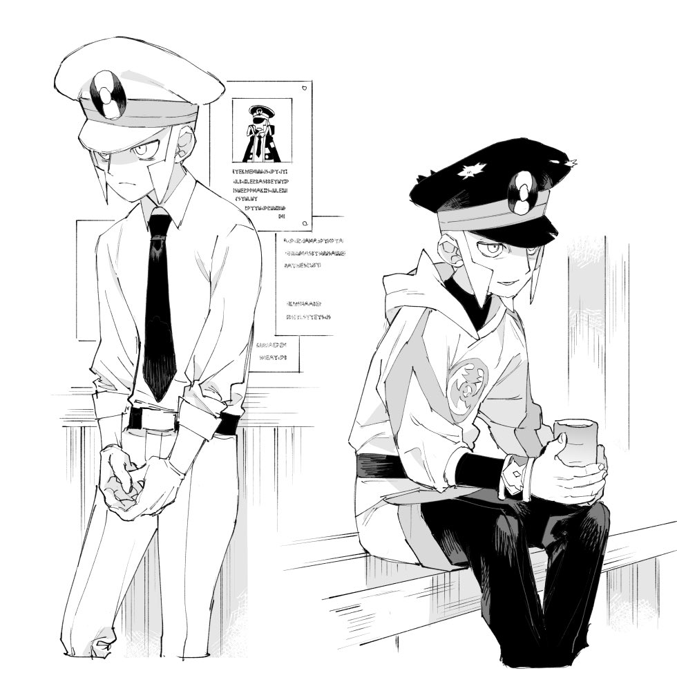 2boys bags_under_eyes belt collared_shirt commentary_request cup emmet_(pokemon) frown gloves greyscale hat hood hoodie ingo_(pokemon) kyou_zuki male_focus missing_poster monochrome multiple_boys necktie pants peaked_cap pearl_clan_outfit pokemon pokemon_(game) pokemon_bw pokemon_legends:_arceus shirt siblings sideburns sitting sleeves_rolled_up smile standing tired twins yunomi