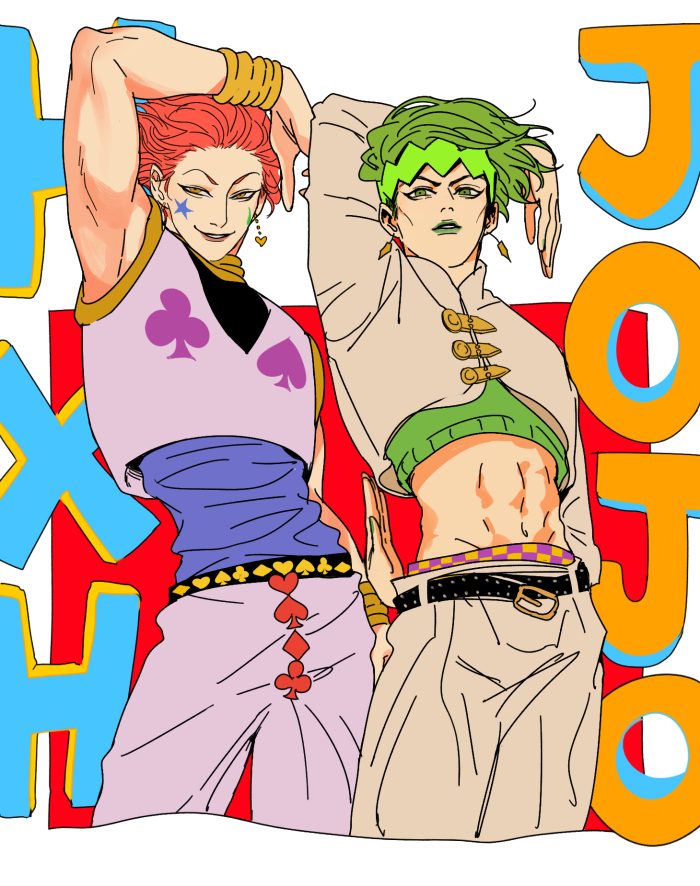 2boys crossover diamond_wa_kudakenai earrings facepaint green_hair hisoka_morow hunter_x_hunter jewelry jojo_no_kimyou_na_bouken kilva_lollop kishibe_rohan lipstick makeup male_focus midriff multiple_boys parody pose redhead sleeveless