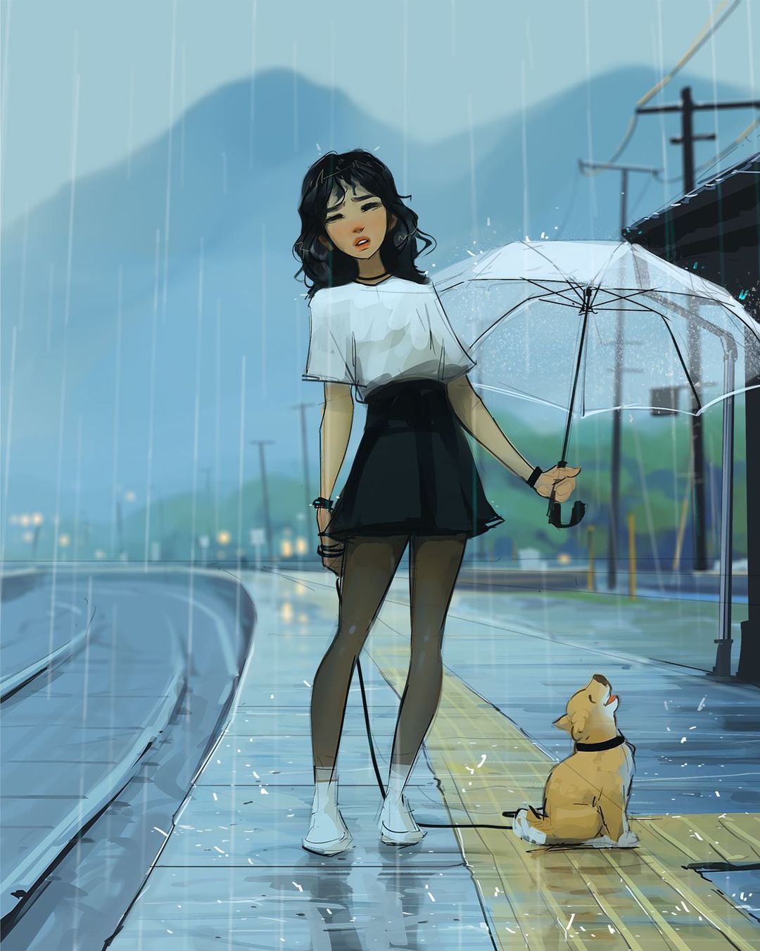 1girl choker dog highres holding holding_umbrella lips long_hair looking_at_viewer outdoors rain sam_yang skirt umbrella wet