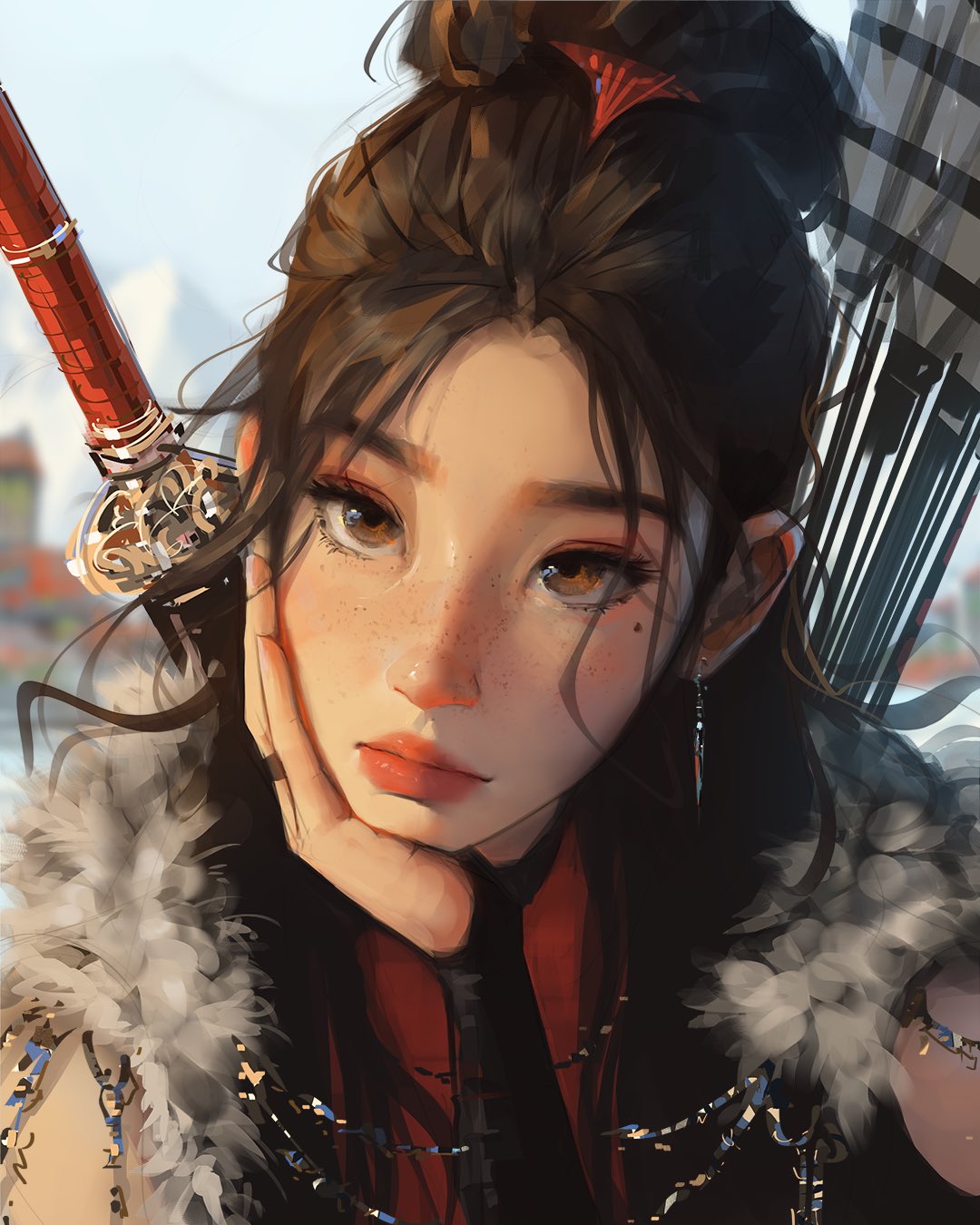 1girl blurry blurry_background brown_eyes brown_hair freckles hand_on_own_face highres jewelry lips long_hair looking_at_viewer sam_yang solo sword weapon