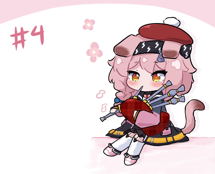 1girl animal_ears arknights bagpipes black_hairband black_skirt blue_bow blue_jacket blush bow braid cat_ears cat_girl cat_tail chibi floppy_ears full_body garter_straps goldenglow_(arknights) hair_bow hair_ornament hairband hairclip hat holding holding_instrument instrument jacket kurotofu lightning_bolt_print long_hair multicolored_clothes multicolored_jacket music pink_footwear pink_hair pink_jacket playing_instrument pom_pom_(clothes) red_headwear skirt solo tail tam_o'_shanter thigh-highs two-tone_jacket white_legwear yellow_eyes