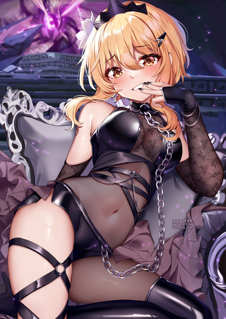 1girl :d alternate_costume bangs bare_shoulders black_gloves black_nails blonde_hair breasts chain commentary covered_navel english_commentary eyebrows_visible_through_hair fingerless_gloves fishnet_legwear fishnets flower genshin_impact gloves hair_between_eyes hair_flower hair_ornament hand_up highres long_hair looking_at_viewer lumine_(genshin_impact) medium_breasts nail_polish open_mouth smile solo squchan thighs tiara white_flower yellow_eyes