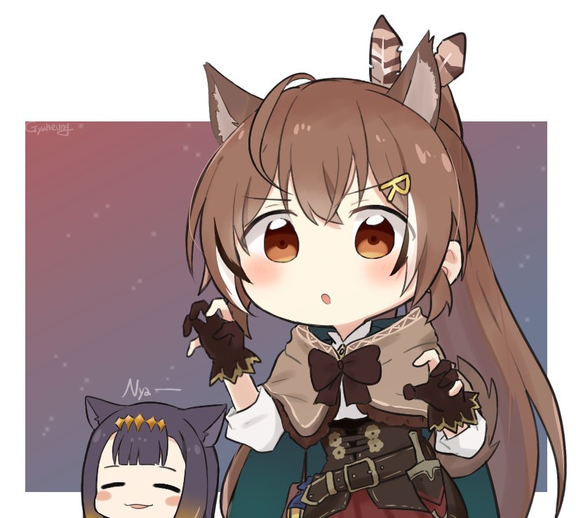 2girls animal_ears blush bow bowtie brown_bow brown_bowtie brown_eyes brown_hair cape cat_ears commentary extra_ears feather_hair_ornament feathers gloves gyaheung hair_ornament hololive hololive_english long_hair multiple_girls nanashi_mumei ninomae_ina'nis partially_fingerless_gloves paw_pose ponytail rune_hair_ornament runes solo_focus symbol-only_commentary virtual_youtuber