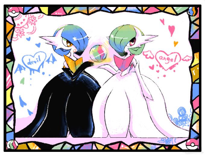 2girls alternate_color angel_and_devil arm_at_side bangs bare_shoulders black_dress black_gloves blue_hair bob_cut border closed_mouth colored_skin commentary_request dress elbow_gloves english_text flat_chest full_body gardevoir gloves green_hair hair_over_one_eye hand_up happy heart heart_in_eye kibikona looking_at_viewer mega_gardevoir mega_pokemon mega_stone multiple_girls one_eye_covered open_mouth orange_eyes partial_commentary poke_ball poke_ball_(basic) pokemon pokemon_(creature) red_eyes shiny shiny_hair shiny_pokemon short_hair smile standing star_(symbol) star_in_eye strapless strapless_dress symbol_in_eye symmetry white_background white_border white_dress white_gloves white_skin