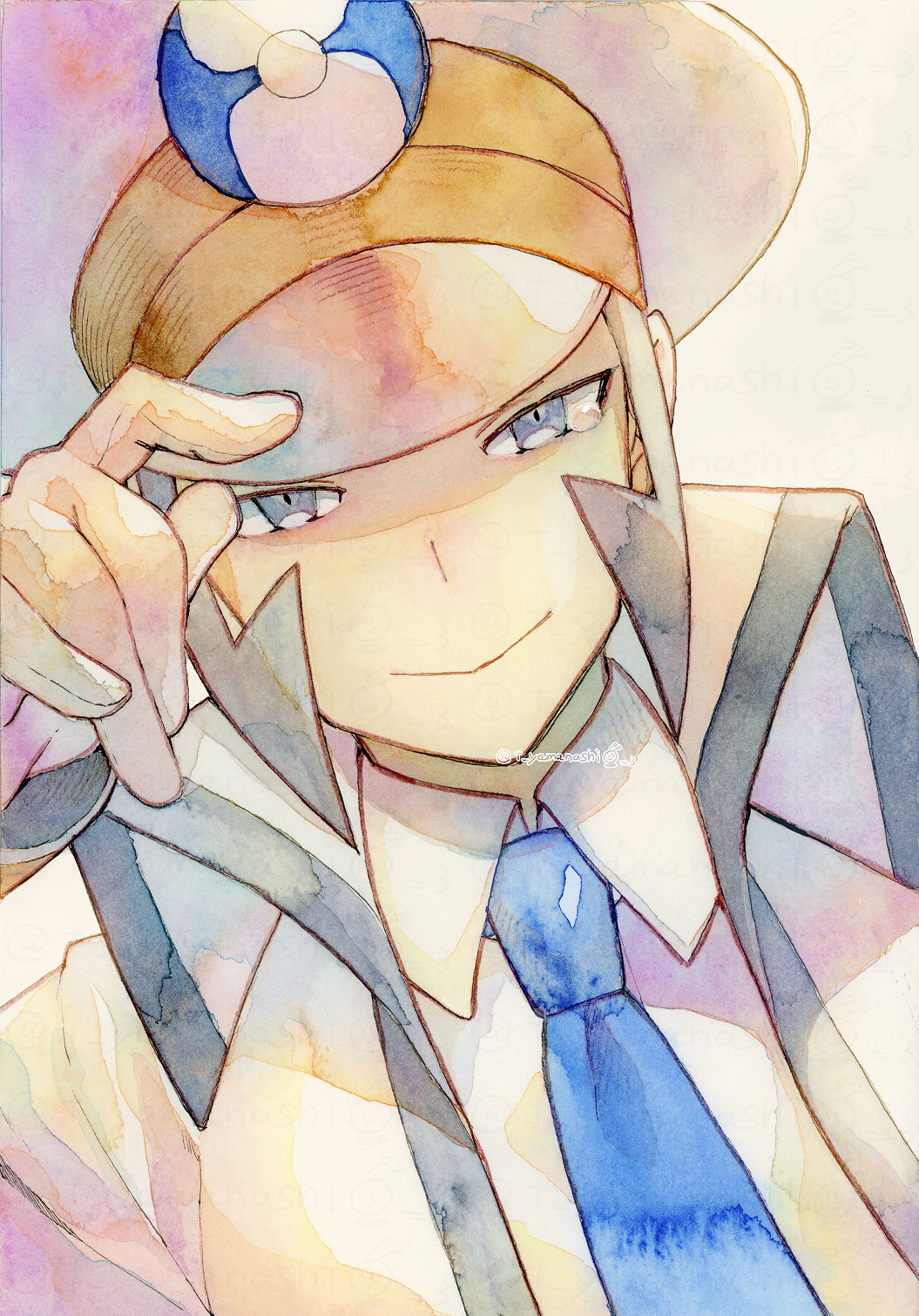 1boy blue_necktie closed_mouth coat collared_shirt commentary_request emmet_(pokemon) grey_eyes grey_hair hand_on_headwear hat high_collar highres male_focus necktie open_clothes open_coat pokemon pokemon_(game) pokemon_bw shirt short_hair sideburns smile solo upper_body white_coat white_headwear white_shirt yamanashi_taiki