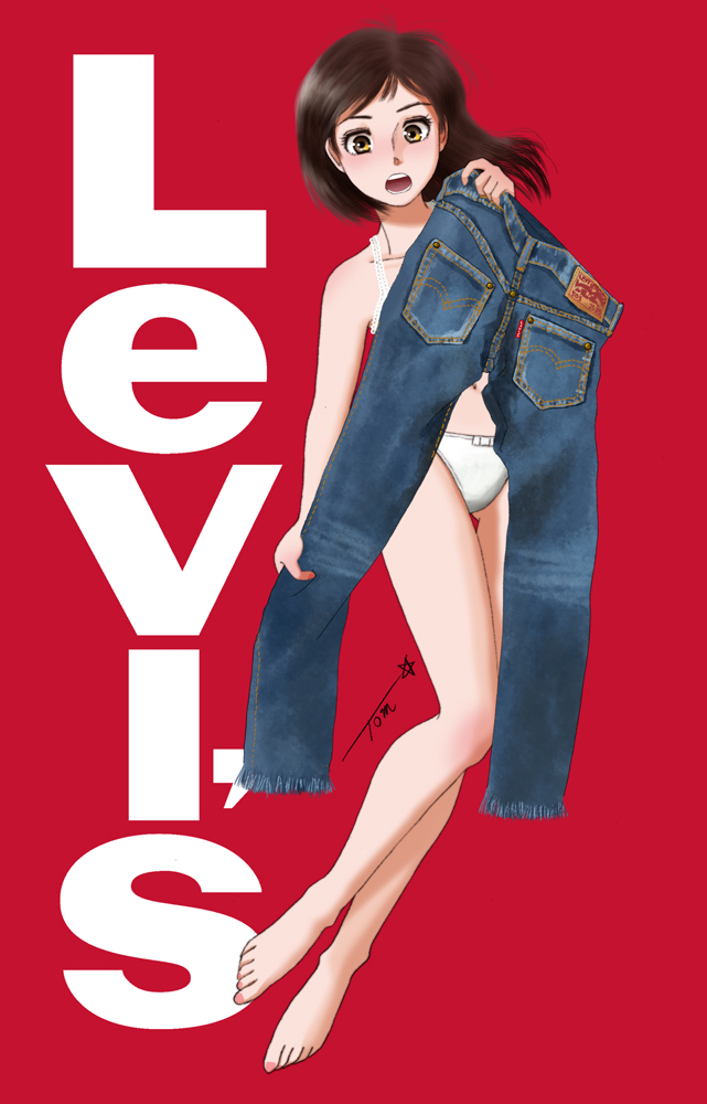 1girl bare_arms bare_legs barefoot black_hair bra brown_hair chutohampa denim english_text holding holding_clothes holding_pants jeans levi's long_hair looking_at_viewer open_mouth original panties pants pocket product_placement round_teeth solo surprised teeth underwear white_bra white_panties