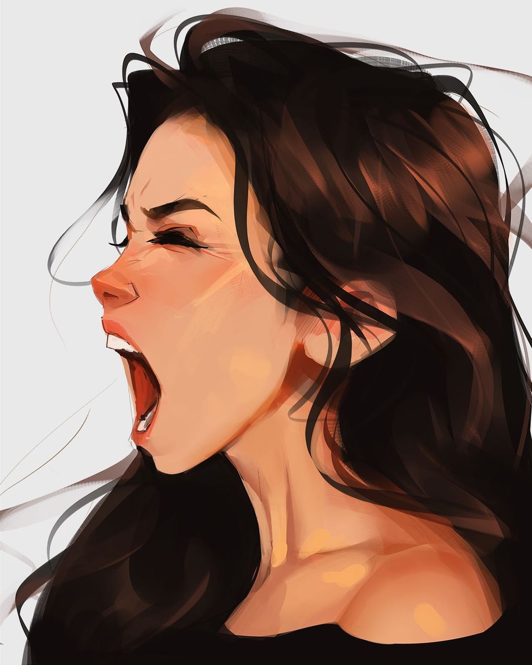 1girl bare_shoulders brown_hair closed_eyes collarbone highres lips long_hair open_mouth profile sam_yang screaming simple_background solo teeth white_background