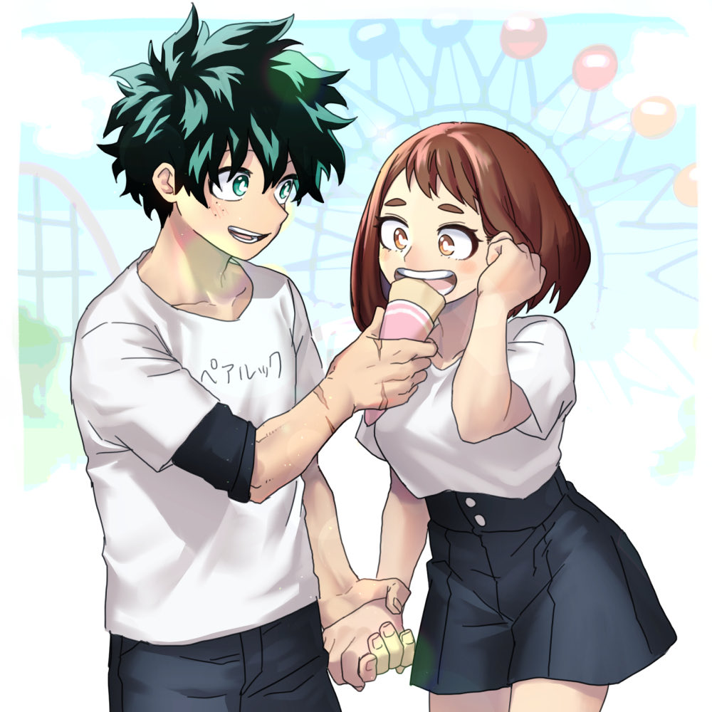 1boy 1girl amusement_park blouse blush boku_no_hero_academia brown_eyes brown_hair casual collarbone couple crepe dating eating food green_eyes green_hair hand_on_ear hetero holding_hands m_hk_a midoriya_izuku sharing_food shirt uraraka_ochako white_blouse white_shirt