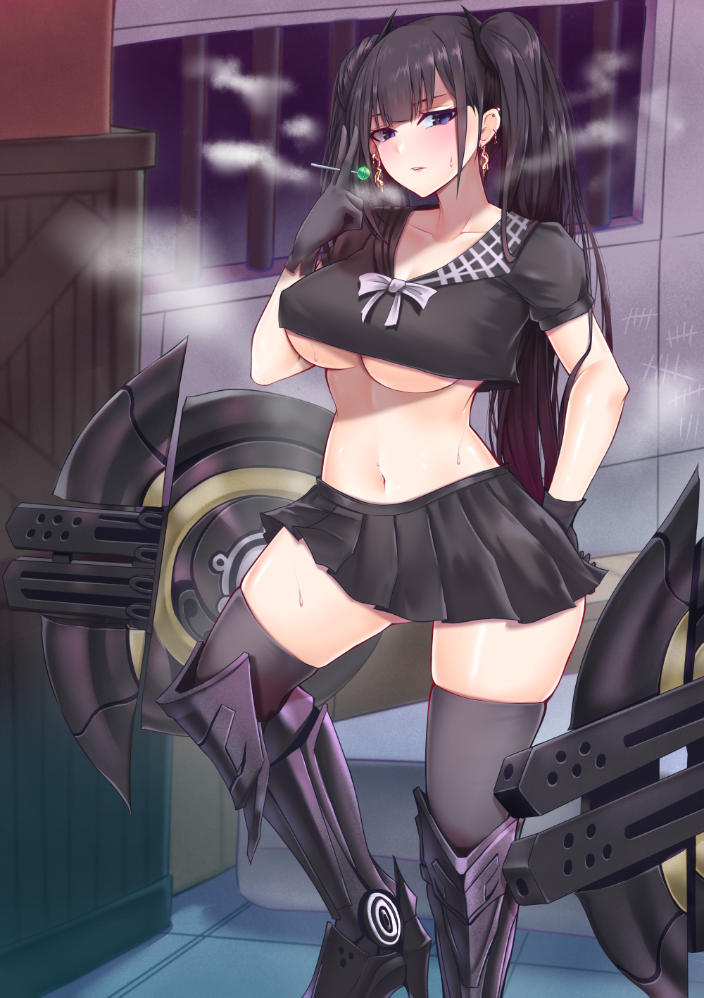 1girl armored_boots bangs black_gloves black_hair black_legwear black_shirt black_skirt blue_eyes blush boots breasts candy chinese_commentary collarbone commentary commentary_request earrings english_commentary food girls_frontline gloves highres indoors jewelry knee_boots large_breasts lollipop long_hair looking_at_viewer miniskirt navel ouroboros_(girls'_frontline) parted_lips pleated_skirt popoman sangvis_ferri school_uniform serafuku shirt short_sleeves skindentation skirt standing steam thigh-highs thighs twintails under_boob