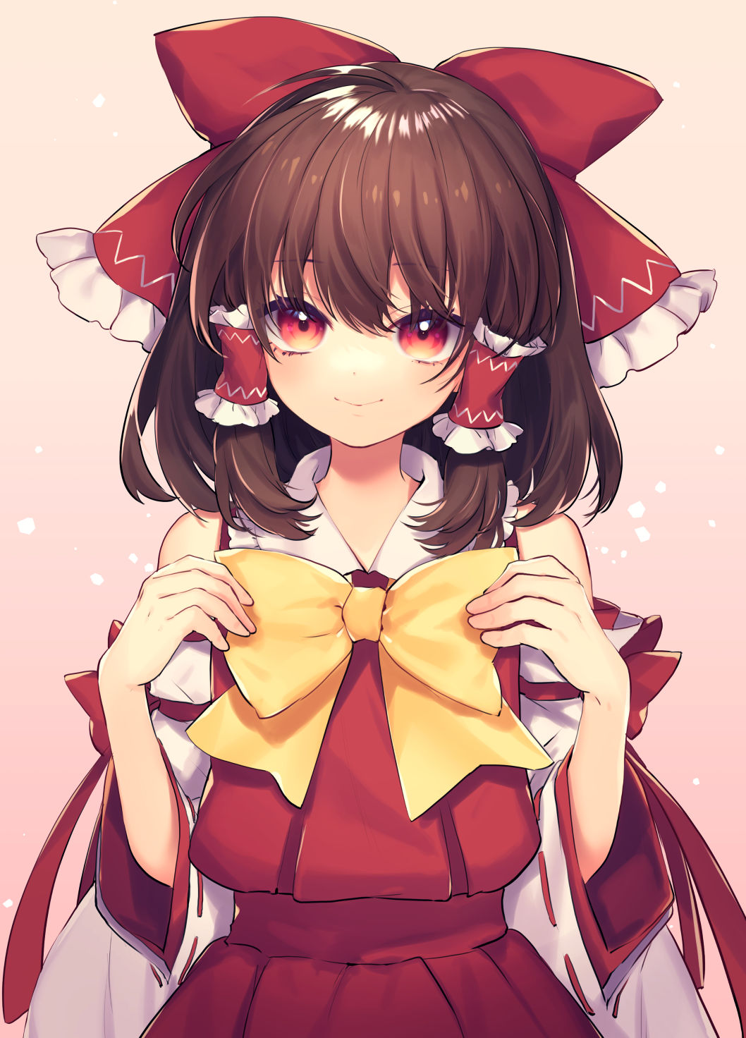 1girl bangs bow bowtie brown_hair commentary_request detached_sleeves hair_bow hair_tubes hakurei_reimu hands_up highres long_sleeves looking_at_viewer medium_hair pink_background red_bow red_eyes red_shirt shirt smile solo tomobe_kinuko touhou upper_body yellow_bow yellow_bowtie