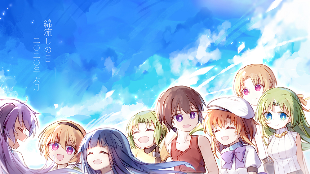 2boys 6+girls :d belt black_headband blonde_hair blue_eyes blue_hair blue_sky brown_hair closed_eyes eyebrows_visible_through_hair fang furude_rika green_hair gun hair_ribbon hanyuu hat headband higurashi_no_naku_koro_ni hime_cut hiragi_rin horns houjou_satoko houjou_satoshi jewelry long_hair maebara_keiichi multiple_boys multiple_girls necklace open_mouth orange_hair pink_eyes purple_hair purple_ribbon red_vest ribbon ryuuguu_rena shirt short_hair short_sleeves sky smile sonozaki_mion sonozaki_shion sweater turtleneck turtleneck_sweater vest violet_eyes weapon white_headwear white_sweater yellow_ribbon yellow_shirt