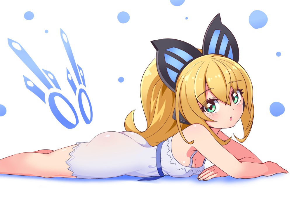 1girl :o ass azure_striker_gunvolt bangs blonde_hair blue_nightgown breasts commentary cougar_(cougar1404) elbow_rest eyebrows_visible_through_hair from_side green_eyes headgear long_hair lumen_(gunvolt) lying nightgown on_stomach open_mouth ponytail sideboob small_breasts solo spaghetti_strap white_background