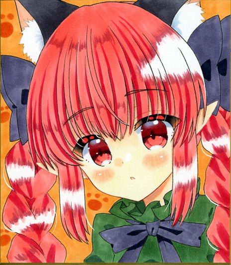 1girl animal_ear_fluff animal_ears bangs black_bow blue_background blush bow bowtie braid cat_ears dress expressionless extra_ears eyebrows_visible_through_hair face frills green_dress hair_bow kaenbyou_rin long_hair pointy_ears portrait red_bow red_bowtie sidelocks simple_background solo touhou twin_braids twintails zenra1112