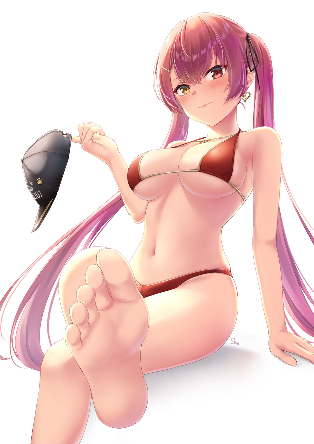 1girl bangs barefoot baseball_cap bikini black_ribbon blush breasts closed_mouth earrings gold_earrings gold_necklace gold_trim hair_ribbon hand_up hat hat_removed headwear_removed heart heart_earrings heart_necklace heterochromia highres holding holding_clothes holding_hat hololive houshou_marine jewelry long_hair looking_at_viewer medium_breasts navel red_bikini red_eyes redhead ribbon sebu_illust sitting soles solo stomach strap_gap swimsuit toes twintails very_long_hair virtual_youtuber yellow_eyes