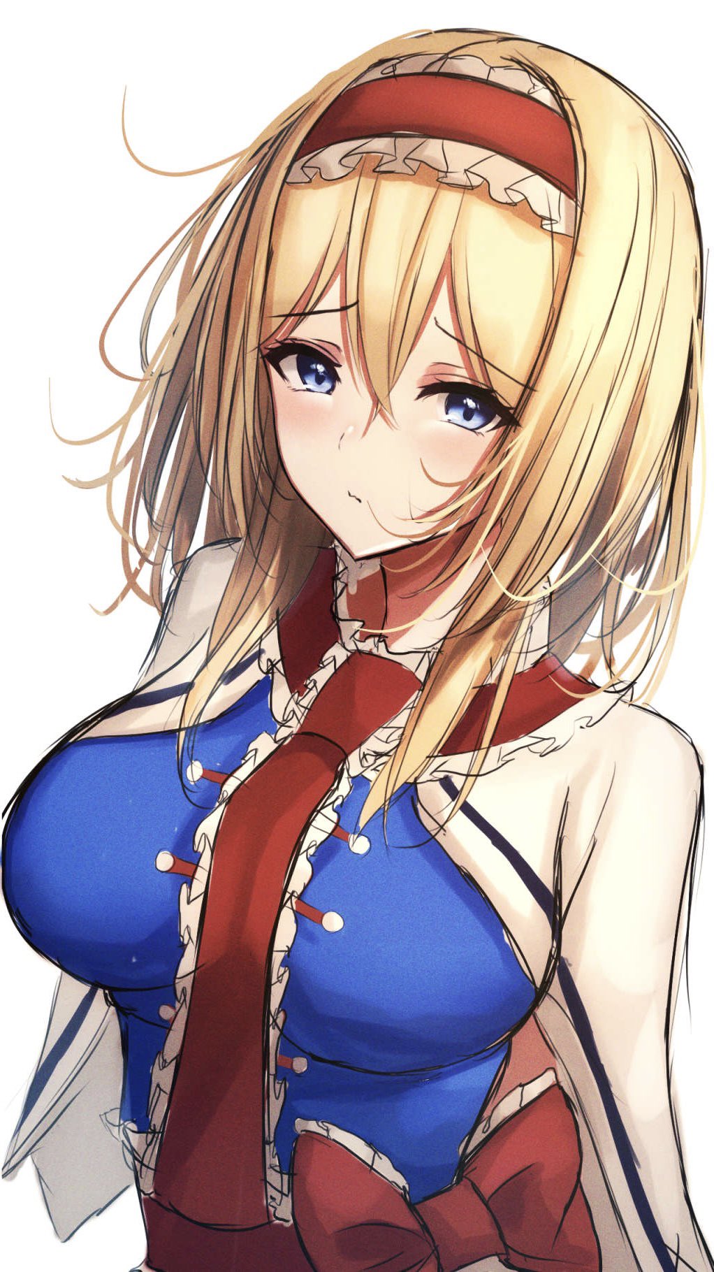 .me 1girl alice_margatroid ascot blonde_hair blue_dress blue_eyes breasts capelet dress eyebrows_visible_through_hair frilled_ascot frills hair_between_eyes hairband highres large_breasts lolita_hairband looking_at_viewer puffy_short_sleeves puffy_sleeves red_neckwear short_hair short_sleeves simple_background solo touhou white_background