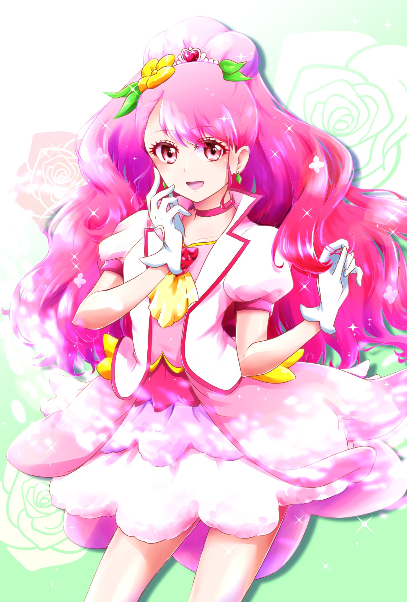 1girl :d blush choker commentary_request cure_grace dress earrings eyelashes gloves gradient gradient_background green_background hair_ornament hanadera_nodoka happy healin'_good_precure highres jewelry long_hair looking_at_viewer magical_girl nita_(onakatohoppe) open_mouth pink_choker pink_dress pink_eyes pink_hair pink_theme precure puffy_short_sleeves puffy_sleeves short_sleeves smile solo standing vest white_gloves