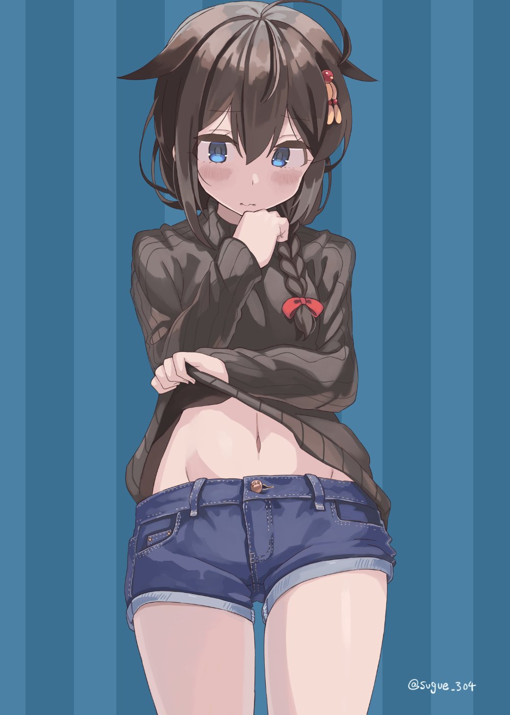 1girl ahoge alternate_costume bangs black_sweater blue_background blue_hair blush braid brown_hair closed_mouth clothes_lift denim denim_shorts eyebrows_visible_through_hair hair_between_eyes hair_flaps hair_ornament highres kantai_collection lifted_by_self long_sleeves navel ribbed_sweater shigure_(kancolle) shigure_kai_ni_(kancolle) short_shorts shorts simple_background single_braid solo striped striped_background sugue_tettou sweater sweater_lift twitter_username