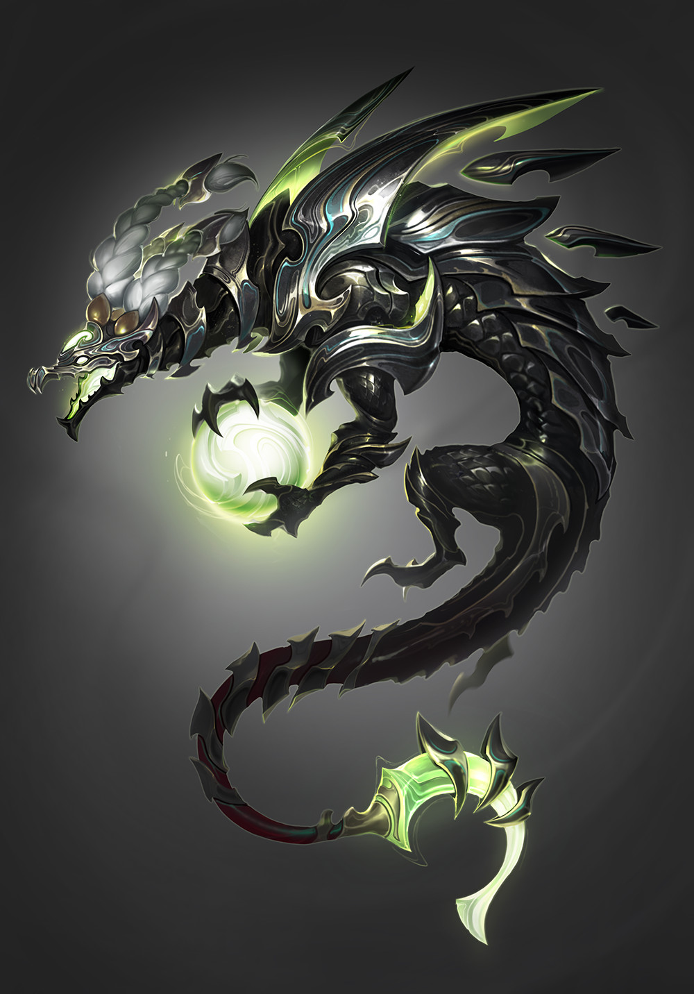 armor ball braid dragon from_side gradient gradient_background grey_background grey_hair highres league_of_legends long_hair no_humans open_mouth steel_dragon_thresh vegacolors white_eyes