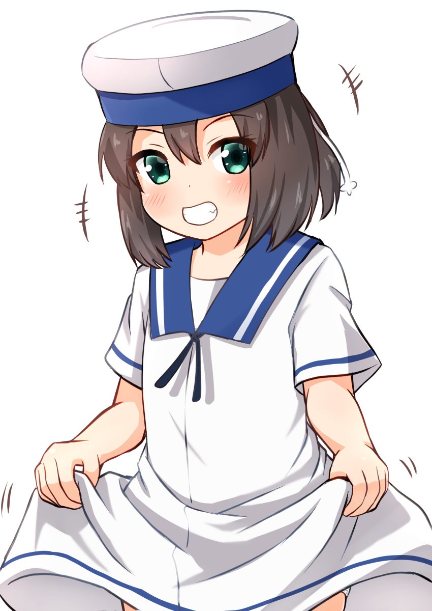 1girl black_hair blue_sailor_collar bob_cut clothes_lift comiching commentary_request cowboy_shot daitou_(kancolle) dress dress_lift grin hat high_ponytail highres kantai_collection lifted_by_self meme sailor_collar sailor_dress sailor_hat short_hair short_sleeves smile solo white_dress white_headwear yajuu_no_gankou_(meme)