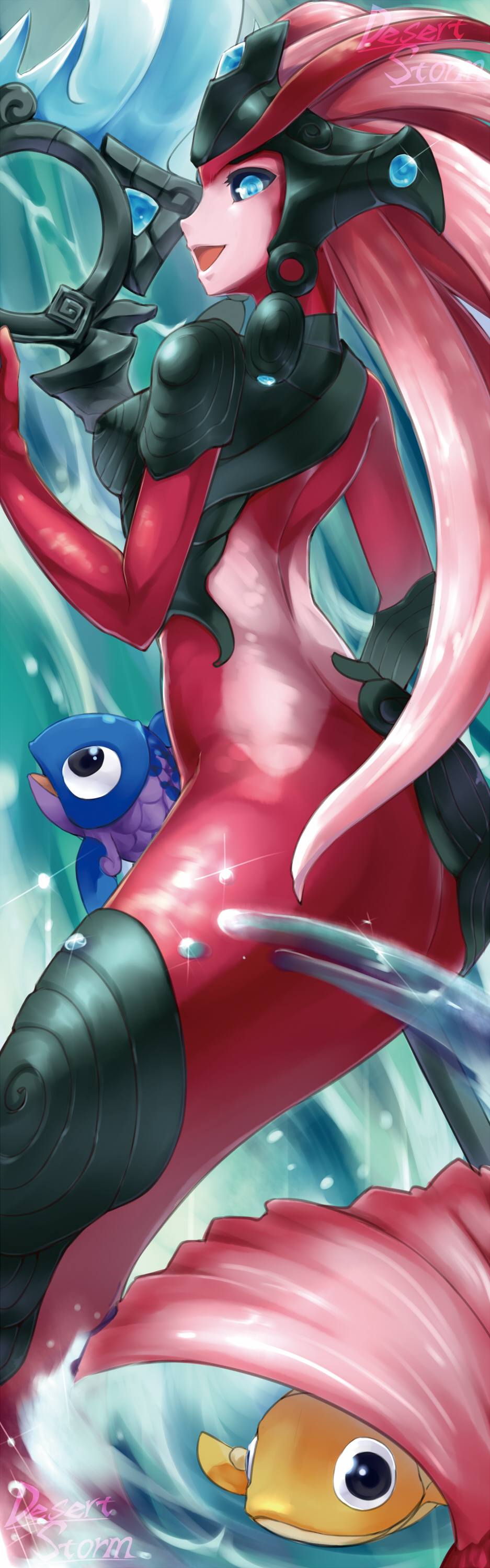 1girl :d absurdres animal ass blue_eyes breasts colored_skin fish from_behind highres holding holding_staff koi_nami league_of_legends long_hair looking_at_viewer medium_breasts mermaid monster_girl nam_(valckiry) nami_(league_of_legends) official_alternate_costume open_mouth red_skin redhead smile staff water