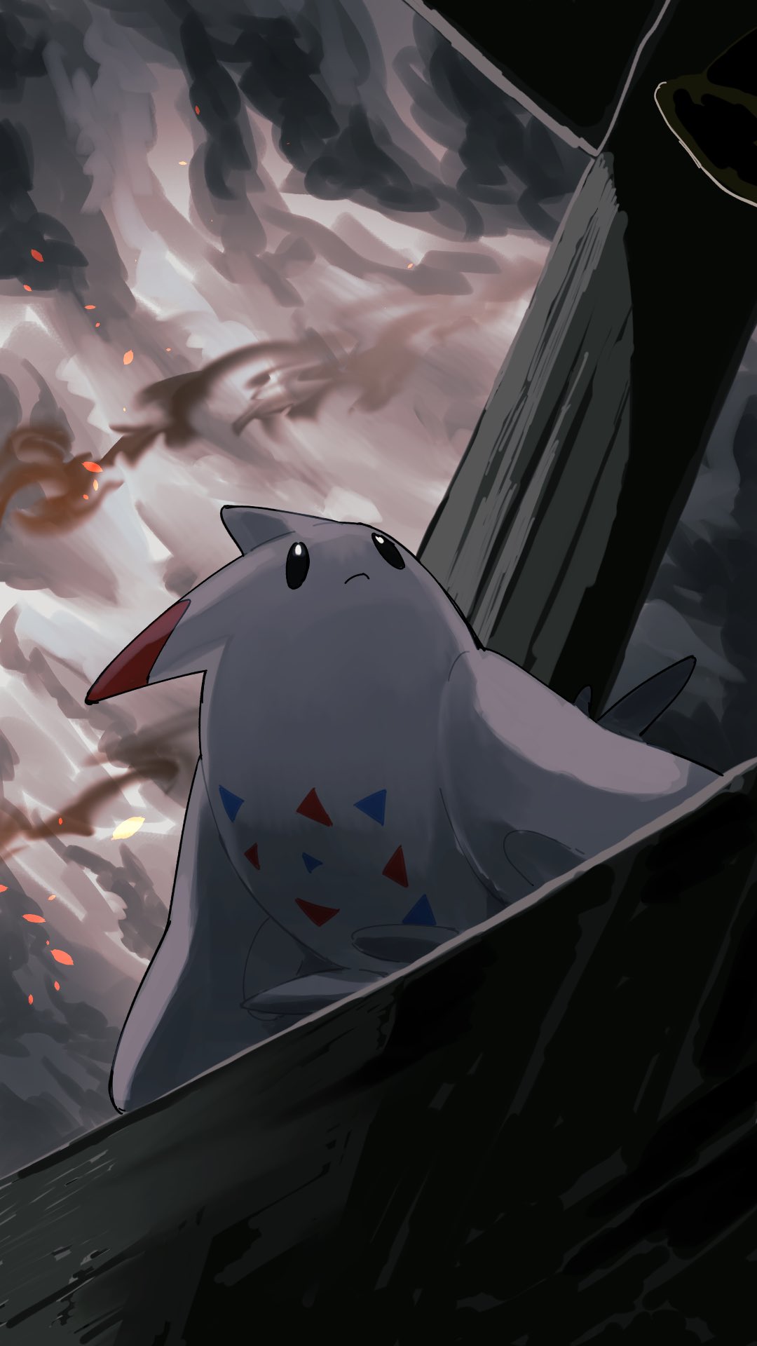 animal_focus black_eyes closed_mouth clouds cloudy_sky dutch_angle embers full_body grey_sky highres looking_up no_humans outdoors pillar pokemon pokemon_(creature) sitting sky smoke solo togekiss v_(govvvvw)