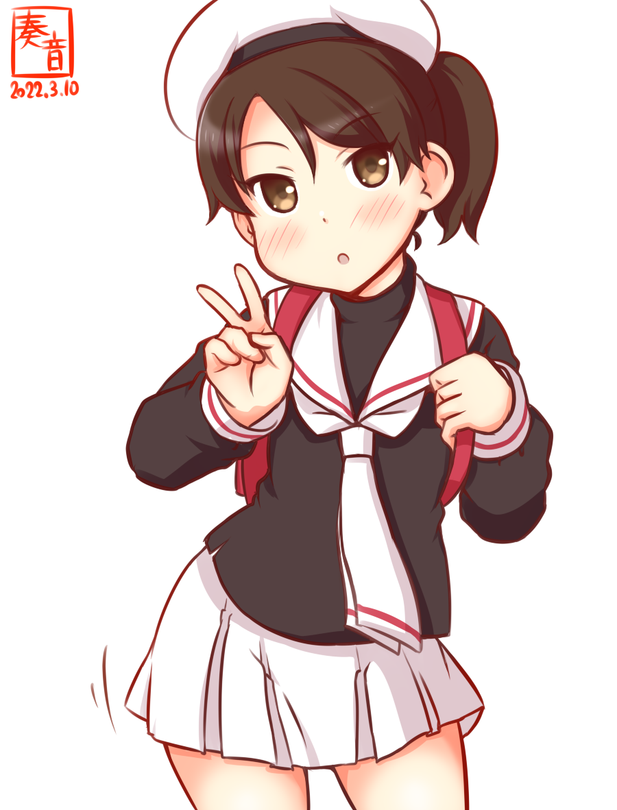 1girl alternate_costume artist_logo backpack bag black_blouse blouse blush brown_eyes brown_hair cardcaptor_sakura cosplay cowboy_shot dated eyebrows_visible_through_hair hair_between_eyes kanon_(kurogane_knights) kantai_collection long_sleeves looking_at_viewer neckerchief one-hour_drawing_challenge ponytail randoseru sailor_collar school_uniform shikinami_(kancolle) simple_background skirt solo tomoeda_elementary_school_uniform v white_background white_neckerchief white_sailor_collar white_skirt