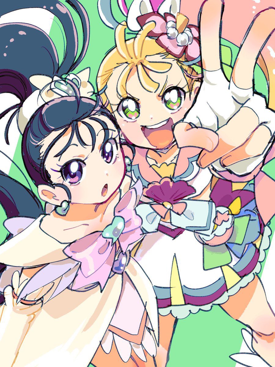 2girls :d ahoge azuma_yukihiko blonde_hair cure_egret cure_summer detached_sleeves dress earrings eyelashes fingerless_gloves flower futari_wa_precure_splash_star gloves gradient_hair green_eyes hair_flower hair_ornament happy heart heart_earrings highres jewelry long_hair looking_at_viewer magical_girl mishou_mai multicolored_hair multiple_girls natsuumi_manatsu open_mouth pink_hair ponytail precure purple_hair sketch smile standing tropical-rouge!_precure v very_long_hair violet_eyes white_dress white_gloves