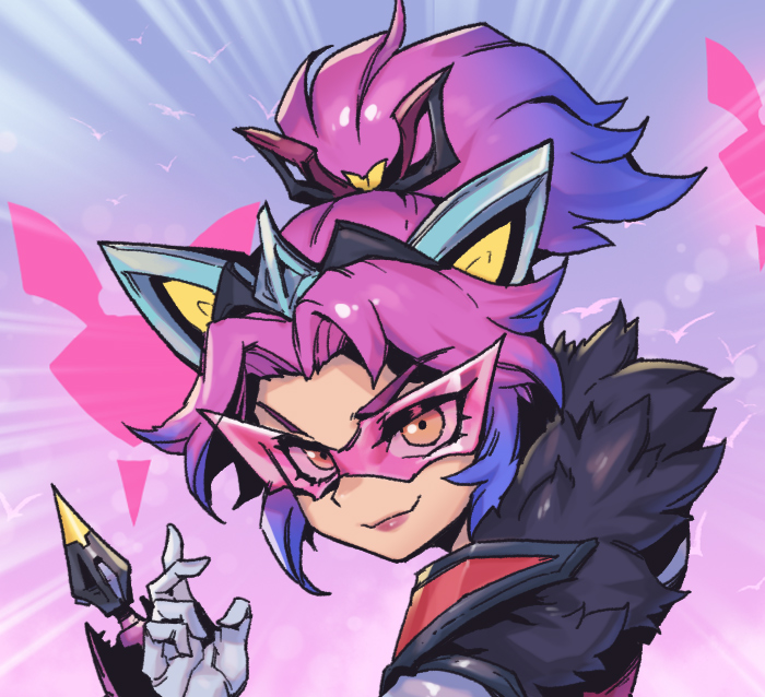 1girl animal_ears arrow_(projectile) bangs bat_ears bat_hair_ornament battle_bat_vayne closed_mouth emphasis_lines fake_animal_ears fur_trim glasses hair_ornament league_of_legends looking_at_viewer official_alternate_costume phantom_ix_row pink_background pink_hair ponytail shiny shiny_hair smile solo tinted_eyewear vayne_(league_of_legends)