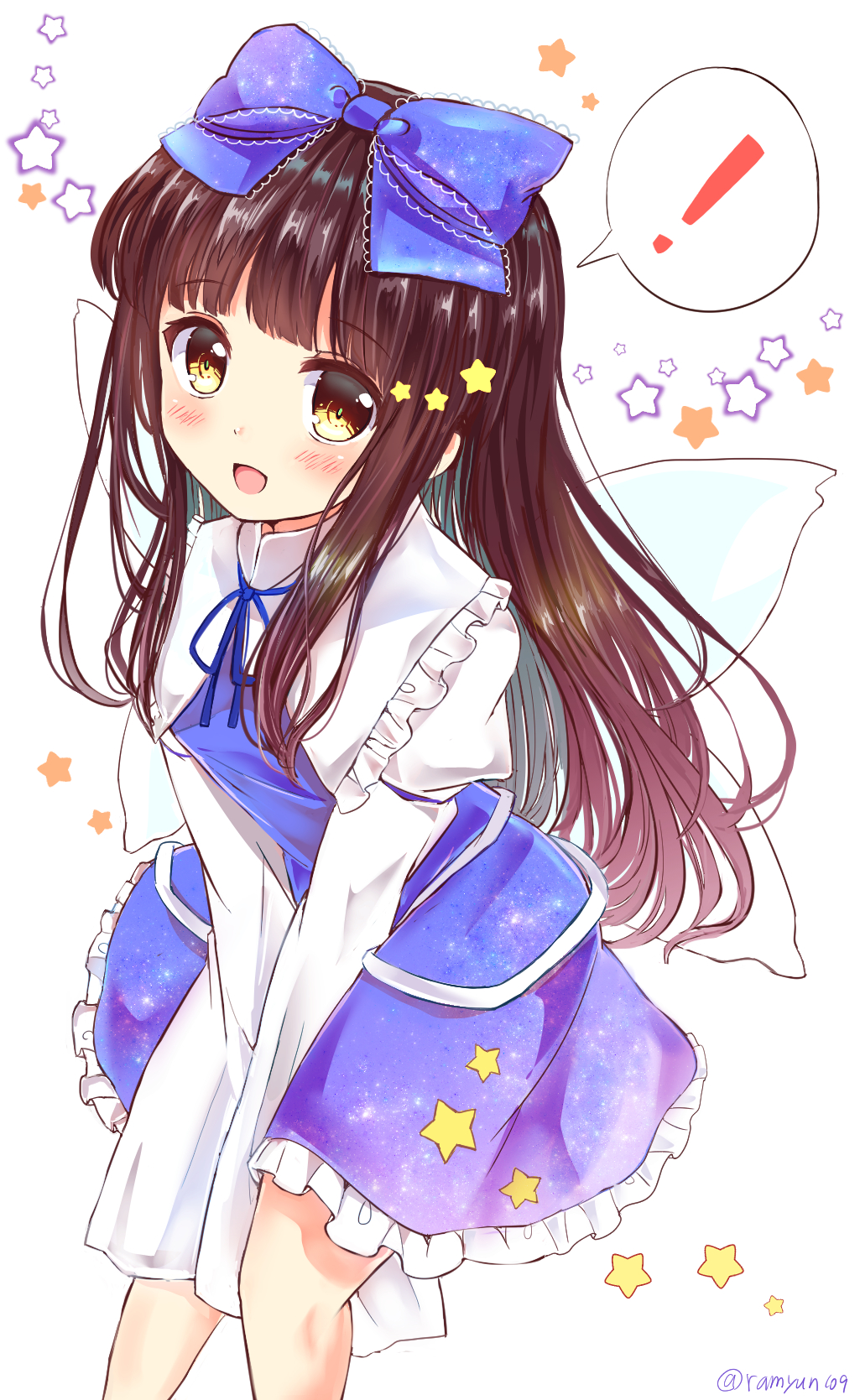 ! 1girl :d bangs blue_bow blue_dress blunt_bangs blush bow breasts brown_eyes brown_hair dress eyebrows_visible_through_hair fairy_wings foot_out_of_frame hair_bow highres juliet_sleeves long_hair long_sleeves open_mouth puffy_sleeves ramudia_(lamyun) simple_background sleeves_past_fingers sleeves_past_wrists small_breasts smile solo spoken_exclamation_mark star_(symbol) star_sapphire touhou v_arms very_long_hair white_background wings