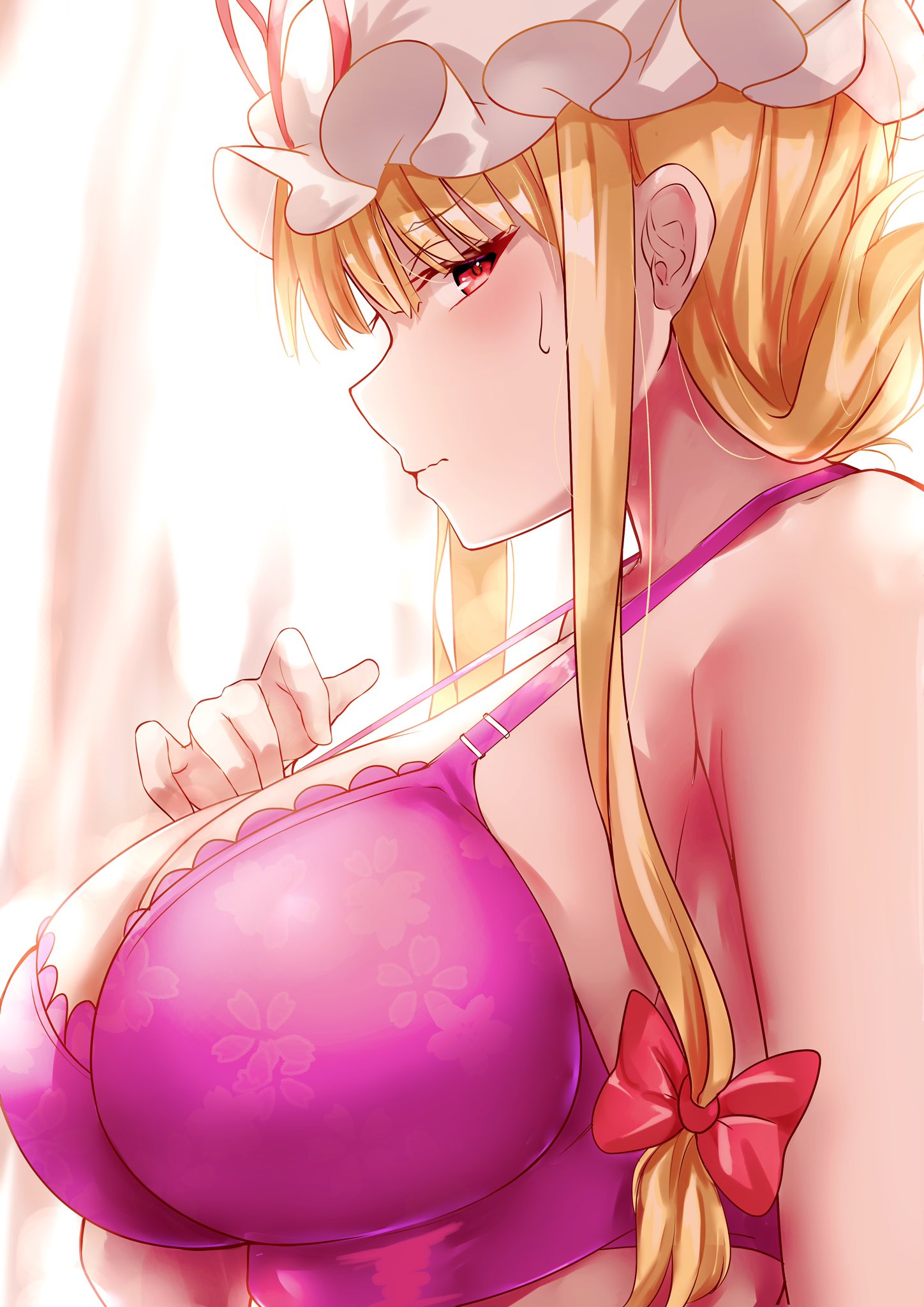 1girl backlighting bare_shoulders blonde_hair blush bow bra breasts closed_mouth expressionless from_side hair_bow hair_ribbon hand_on_own_chest hand_up hat hat_ribbon highres large_breasts long_hair looking_at_viewer mirufui mob_cap overexposure profile purple_bra red_bow red_eyes red_ribbon ribbon sidelocks sideways_glance solo sweat touhou tress_ribbon underwear upper_body white_headwear yakumo_yukari