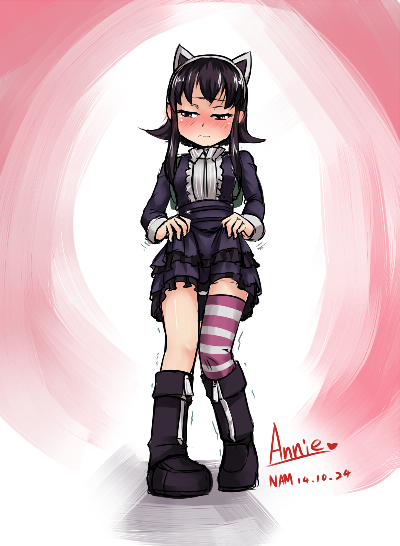 1girl alternate_costume animal_ears annie_(league_of_legends) backpack bag bangs black_dress black_footwear black_hair blush boots breasts cat_ears character_name clothes_lift commentary_request dated dress dress_lift embarrassed fake_animal_ears flipped_hair frilled_dress frills frown full_body goth_annie gothic_lolita hairband half-closed_eyes heart layered_dress league_of_legends lifted_by_self lolita_fashion long_sleeves looking_away looking_down motion_lines nam_(valckiry) panties panty_peek pantyshot purple_legwear short_hair_with_long_locks sidelocks signature single_thighhigh small_breasts solo standing striped striped_legwear tears thigh-highs trembling underwear violet_eyes white_legwear white_panties zipper